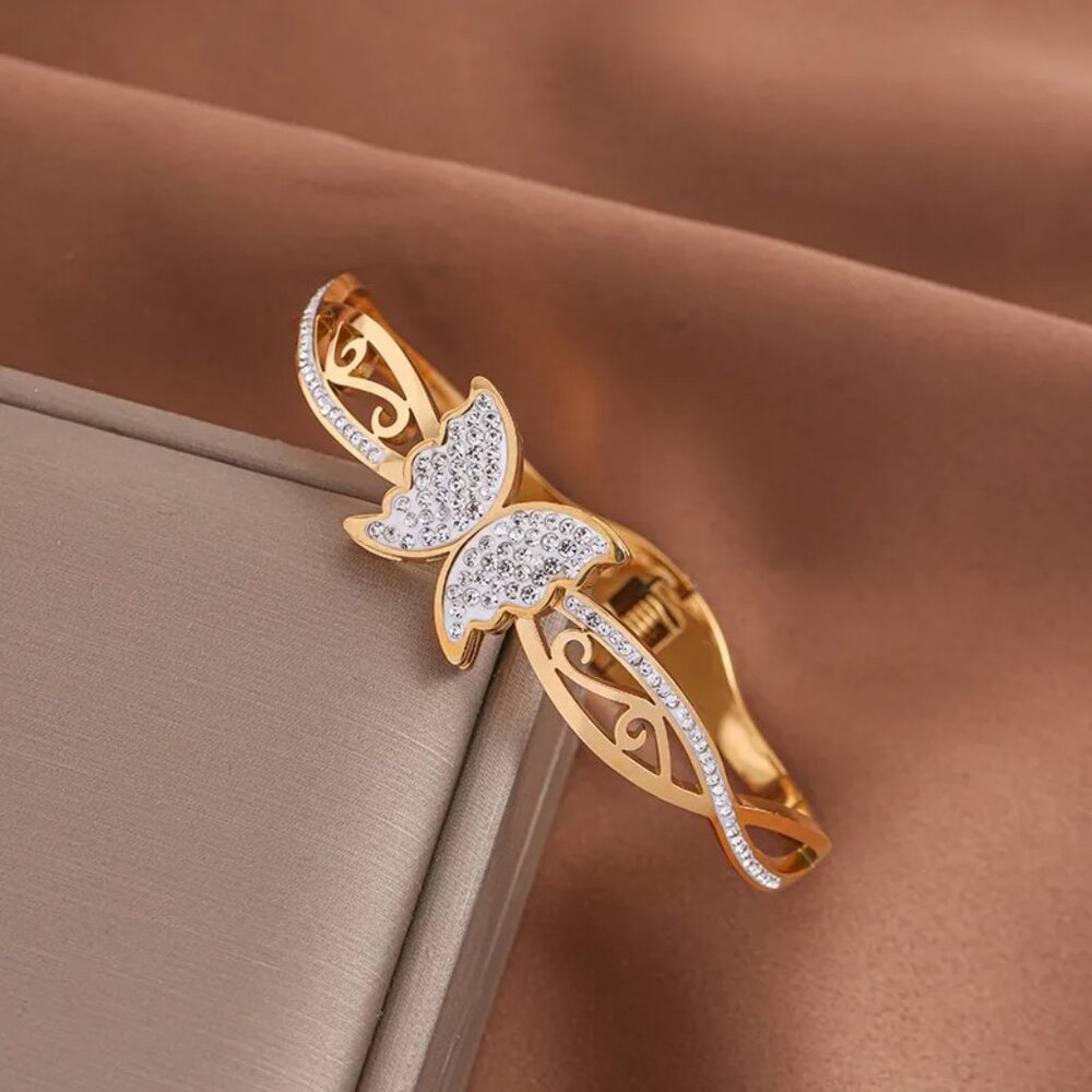 18k Gold Plated Stainless Steel Butterfly, Pave Set Zircon, Bangle Bracelet